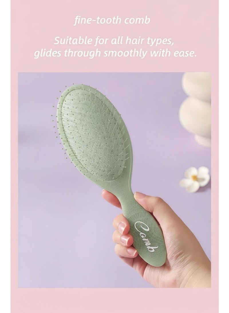 Green Floral Air Cushion Fine Tooth Hair Brush 21.5cm with Rattan Pattern • Elegant Gift for Women - Image 2